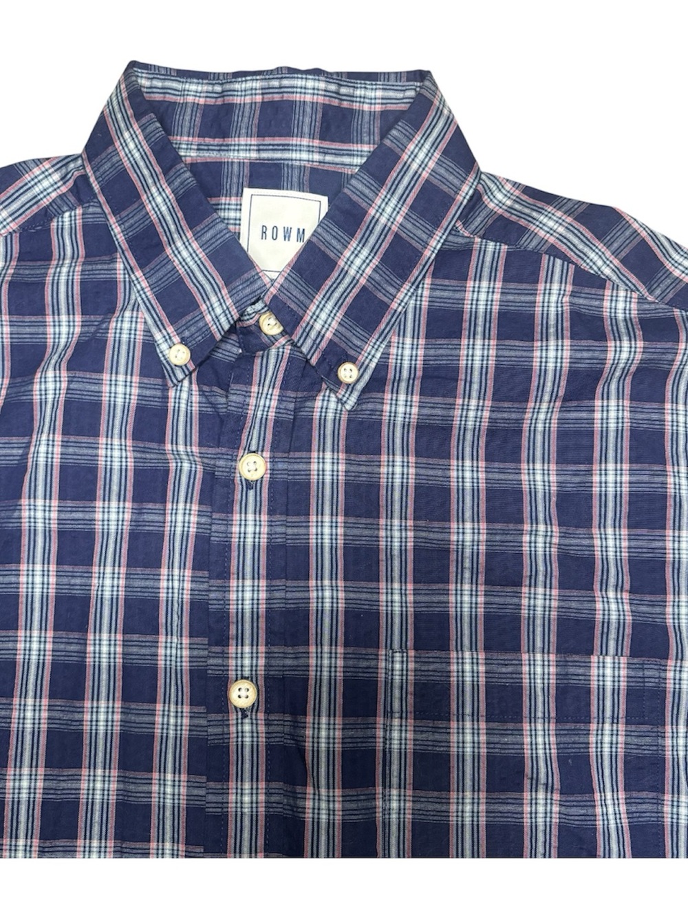 ROWM Men's M Button Down Shirt Blue Pink Plaid Long Sleeves Cotton Front Pocket